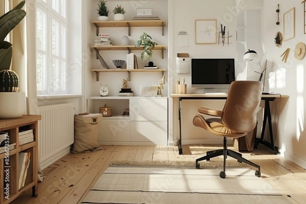 Fototapeta Minimalist Home Office with Sleek Desk and Ergonomic Chair - Modern Remote Work Environment, Concept of Productivity
