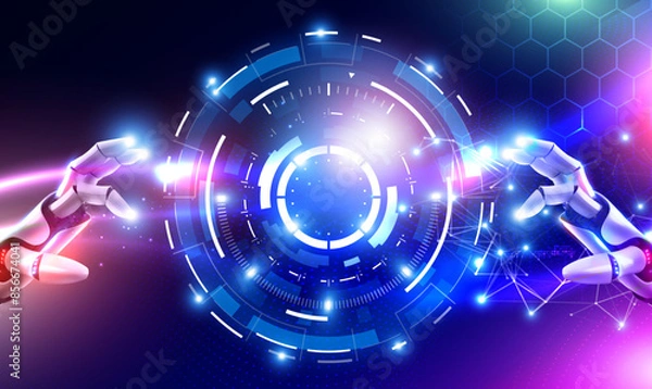 Fototapeta Futuristic technology robot touch on glowing HUD circle. Robot touching on big data network connection, Science and artificial intelligence technology, innovation and futuristic, AI, Machine learning.