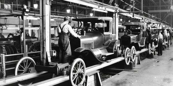 Fototapeta A historical black-and-white photograph of an assembly line with workers building early model cars. The image captures the engineering ingenuity and industrial atmosphere