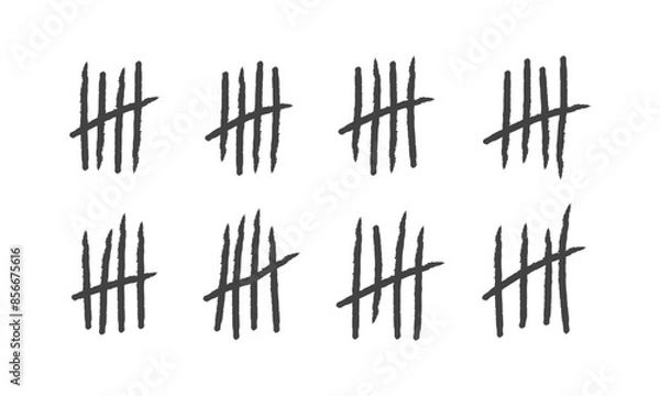 Fototapeta Hand drawn lines or sticks and brush strokes sorted by four and crossed out, prison counting lines, slash scratches on the wall, jail grunge outline numbers flat vector illustration.
