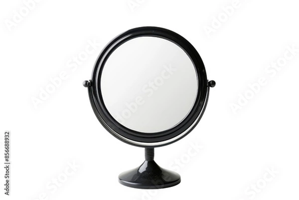 Fototapeta A sleek black round makeup mirror with a stand, ideal for daily grooming and beauty routines, perfect for bathrooms and dressing tables.