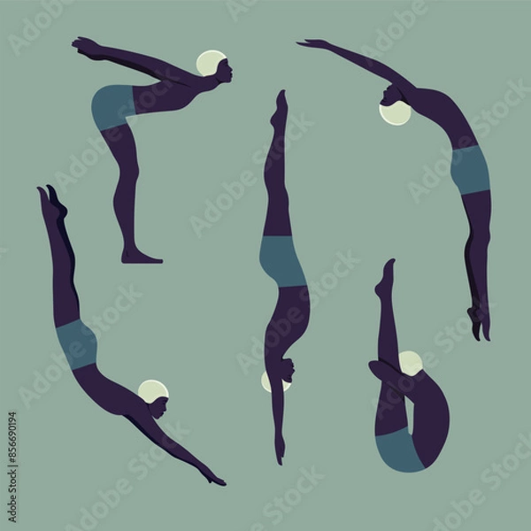 Fototapeta An African man in swimsuit in the swimming pool. Jumping into the water and swimming in the pool. Water sports. Vector flat illustration