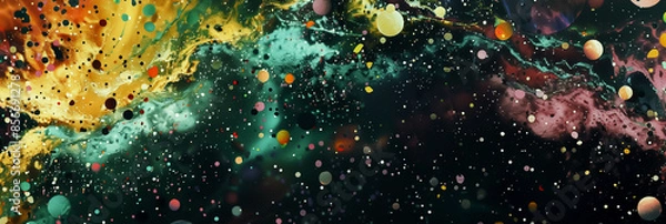 Fototapeta Abstract space with scattered images of bright elements. Cosmic background showing colorful nebulae and star clusters