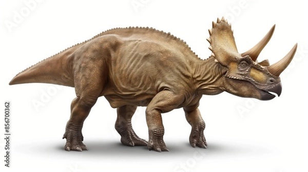 Fototapeta 3D rendering of a majestic Triceratops dinosaur, showcasing its distinctive horns, textured skin, and powerful stance.