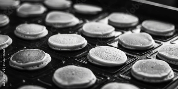 Fototapeta A pan filled with lots of cookies sits on top of a table, perfect for snack time or dessert
