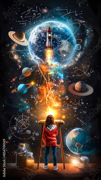 Fototapeta Science Education.  Generated image.  A digital illustration of a young girl’s imagination of science education displayed on a school chalkboard with doodles.