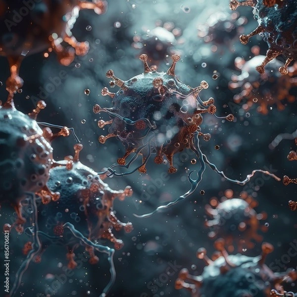 Fototapeta Microscopic view of multiple virus particles in a fluid environment,