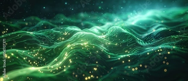 Obraz Abstract Green and Gold Background with Glowing Particles.