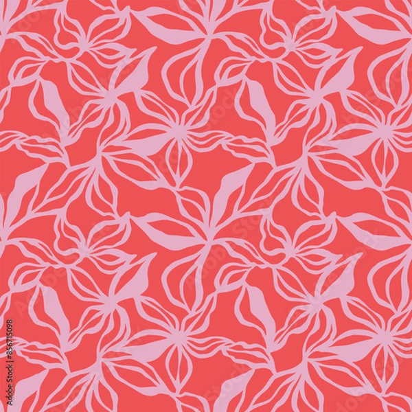 Fototapeta Seamless abstract flower and leaf brush pattern. Floral seamless background.