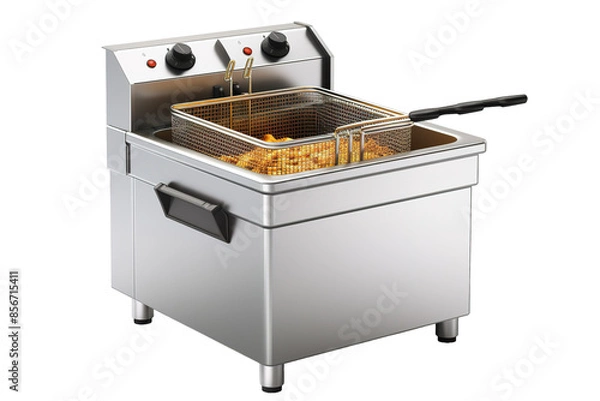 Obraz Commercial Deep Fryer With Golden Brown French Fries on a Clear PNG or White Background.