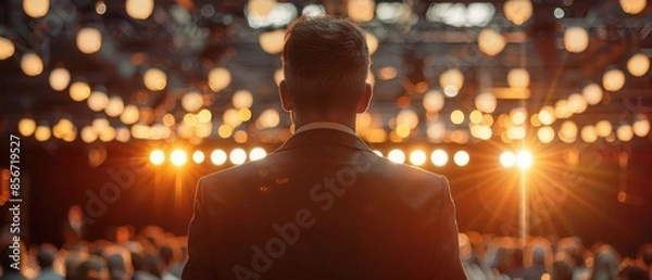 Fototapeta Man Standing On Stage Under Spotlight.