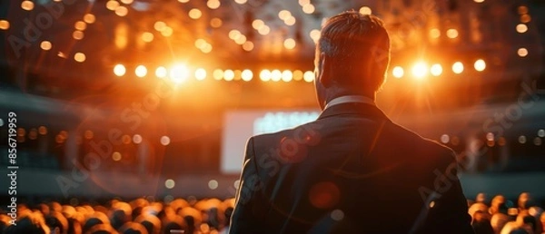 Fototapeta Man Standing On Stage With Lights Behind Him.