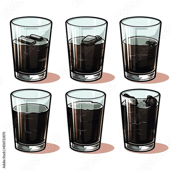 Fototapeta set of black juices in different glasses flat and realistic graphic, flat vector illustration