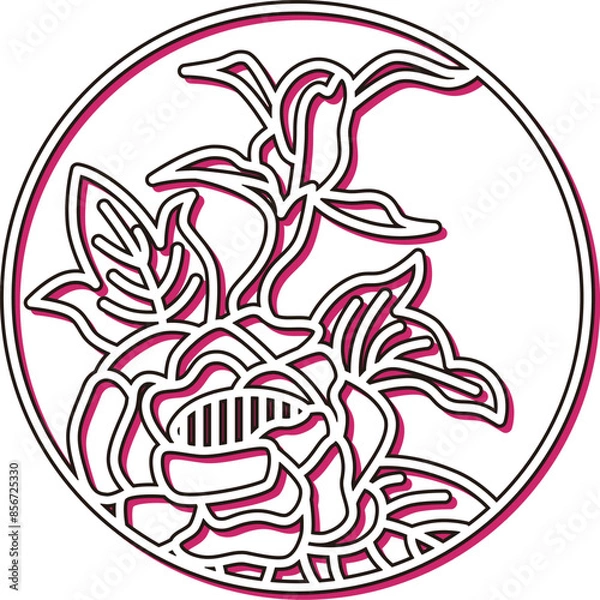 Fototapeta カラーシャドウの円形シンプル花札　水無月　牡丹　6月　牡丹のカス