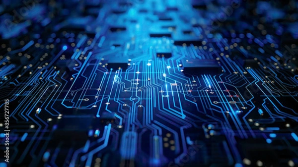 Obraz Abstract blue glowing circuit board background with copy space at center for your text logo or products. Perfect for Artificial Intelligence Technology Crypto Currency concept. 