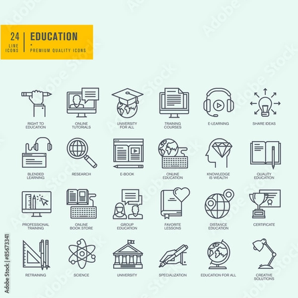 Fototapeta Thin line icons set. Icons for online education, online tutorials, training courses, online book store, university.