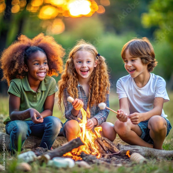 Fototapeta Group of happy children camping in nature. Group of smiling children sitting near a fire on a summer evening and  roasting marshmallows.