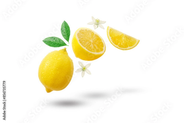 Obraz Flying fresh lemon with lemon slice and lemon flower isolated on white background , clipping path.