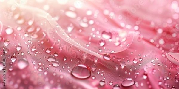 Fototapeta Close-up of dewy droplets on soft pink fabric, creating a fresh and delicate texture.