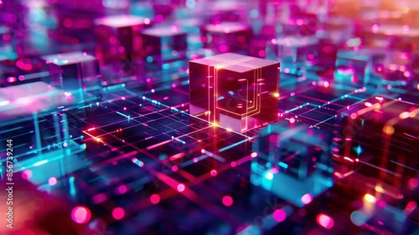 Fototapeta LED light abstract effect futuristic tech glare cubes digital CPU signal shining grid modern big data neon flare quantum computer net system magic code grid HUD lines web device blocks system