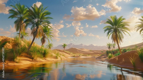 Fototapeta A beautiful landscape with a river and palm trees. The sky is blue with some clouds