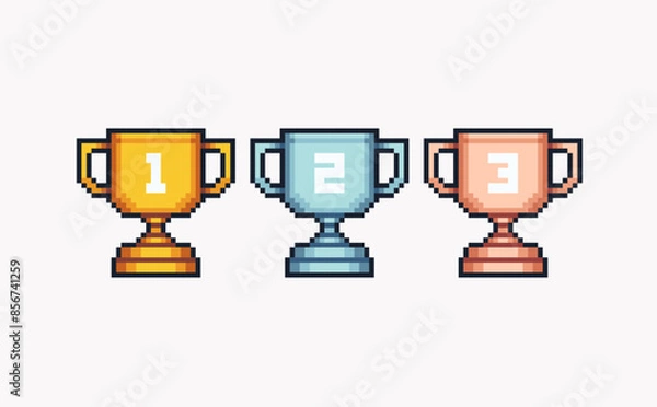 Fototapeta Winner cups, trophy pixel art set. Achievement reward, first place prize collection. 8-bit sprite. Game development, mobile app. Isolated vector illustration.