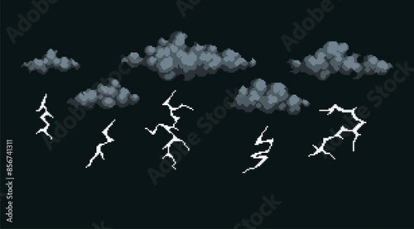 Fototapeta Thunder, gray clouds pixel art set. Rainy, dark thundercloud collection. Electric bolt, charge 8 bit. Game development, mobile app. Isolated vector illustration. 