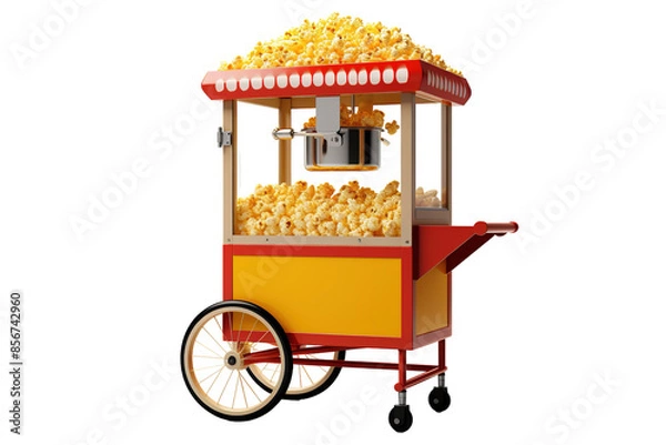 Obraz A Red And Yellow Popcorn Cart Overflowing With Buttery Goodness on a Clear PNG or White Background.