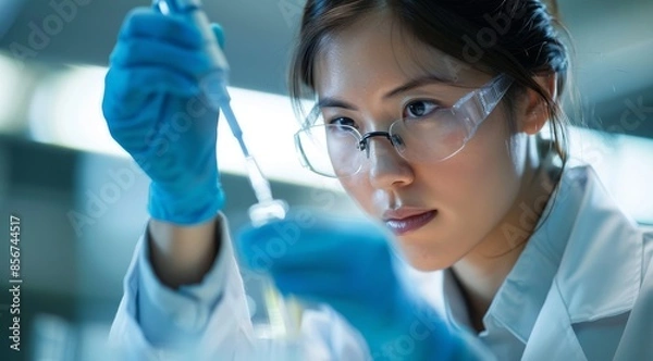 Fototapeta Closeup shot of an Asian female scientist working in a laboratory with protective glasses and gloves