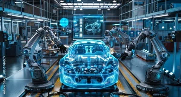 Fototapeta Futuristic car factory with robotic arms assembling a high-tech automobile