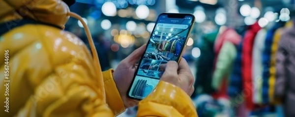 Fototapeta Person shopping for clothes online using a smartphone in a busy store
