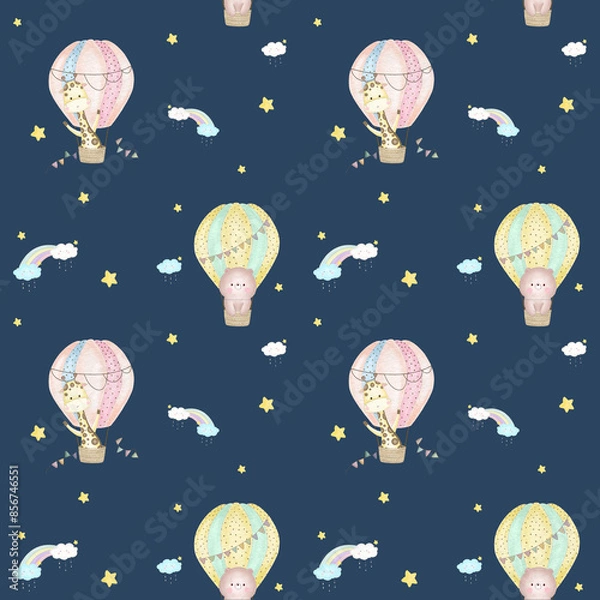Fototapeta Sky Happy Baloon Seamless Patterns
with bear and giraffe in hot air ballons, clouds, rainbow and stars. Hand drawn watercolor illustration for wallpapers or textile, isolated print for your design.