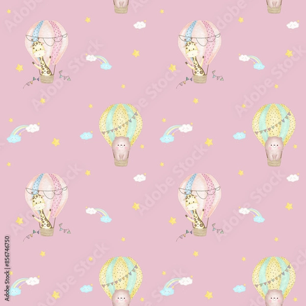 Fototapeta Sky Happy Baloon Seamless Patterns
with bear and giraffe in hot air ballons, clouds, rainbow and stars. Hand drawn watercolor illustration for wallpapers or textile, isolated print for your design.