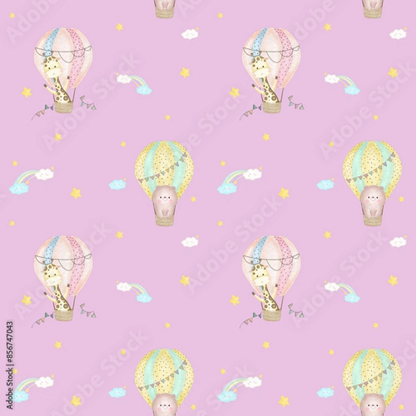 Fototapeta Sky Happy Baloon Seamless Patterns
with bear and giraffe in hot air ballons, clouds, rainbow and stars. Hand drawn watercolor illustration for wallpapers or textile, isolated print for your design.