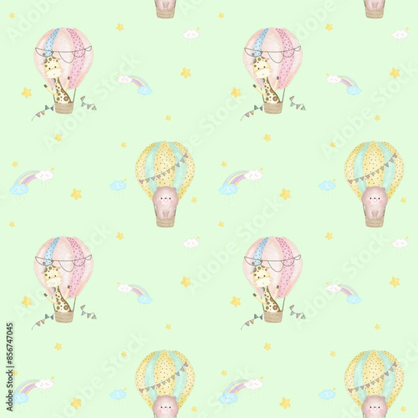 Fototapeta Sky Happy Baloon Seamless Patterns
with bear and giraffe in hot air ballons, clouds, rainbow and stars. Hand drawn watercolor illustration for wallpapers or textile, isolated print for your design.