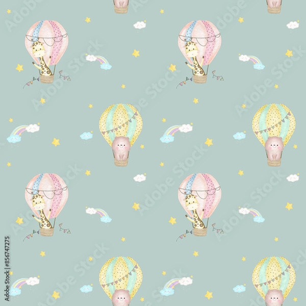 Fototapeta Sky Happy Baloon Seamless Patterns
with bear and giraffe in hot air ballons, clouds, rainbow and stars. Hand drawn watercolor illustration for wallpapers or textile, isolated print for your design.
