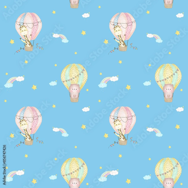 Fototapeta Sky Happy Baloon Seamless Patterns
with bear and giraffe in hot air ballons, clouds, rainbow and stars. Hand drawn watercolor illustration for wallpapers or textile, isolated print for your design.
