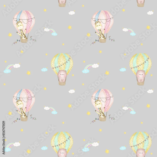 Fototapeta Sky Happy Baloon Seamless Patterns
with bear and giraffe in hot air ballons, clouds, rainbow and stars. Hand drawn watercolor illustration for wallpapers or textile, isolated print for your design.