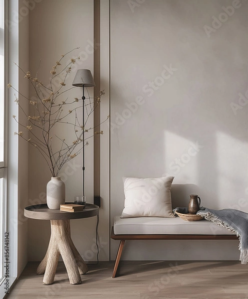 Fototapeta Modern nordic minimalist interior design. Aesthetic scandinavian elegant living room design. Copy space mock up. Clean walls for decoration in the apartment. Neutral palette of natural colors.