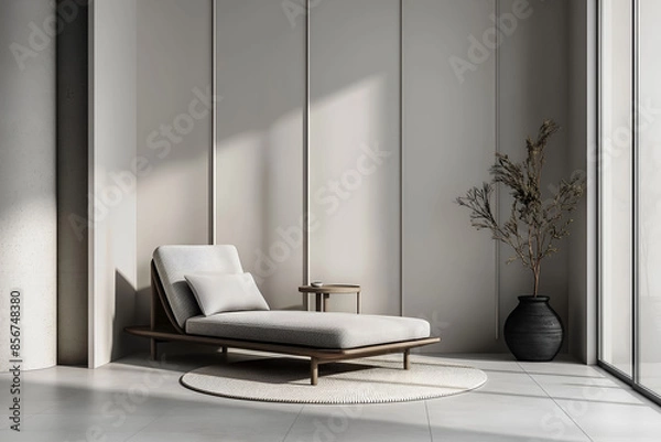 Fototapeta Modern nordic minimalist interior design. Aesthetic scandinavian elegant living room design. Copy space mock up. Clean walls for decoration in the apartment. Neutral palette of natural colors.