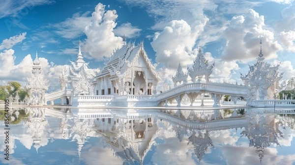 Fototapeta The White Temple in Chiang Rai, Thailand, known as Wat Rong Khun, with its stunning architecture reflected in a serene pond.
