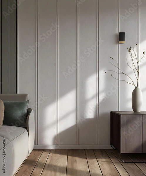 Fototapeta Modern nordic minimalist interior design. Aesthetic scandinavian elegant living room design. Copy space mock up. Clean walls for decoration in the apartment. Neutral palette of natural colors.