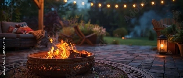 Fototapeta Cozy fire pit with string lights in backyard.