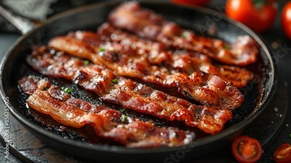 Fototapeta Crispy Bacon Strips in Cast Iron Skillet