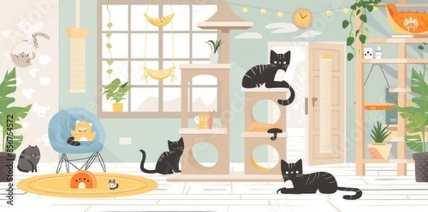 Fototapeta Cartoon set of fun pet animal poses. Fresh kittens play toy, fluffy kitty purrs, ginger stripes eat at plant. Cute kittens play toy, purrs, ginger stripes relax, laugh.