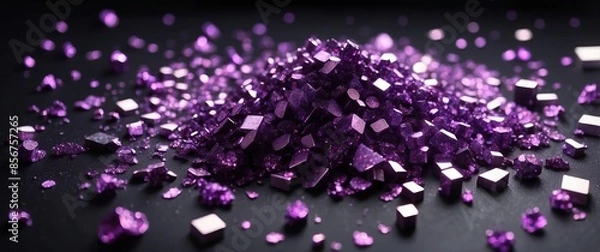 Fototapeta A stunning pile of purple crystals glistening on a dark background, evoking luxury and sophistication  Perfect for jewelry, fashion, and special occasions