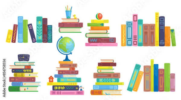 Fototapeta Large set of colorful books in stacks and standing in a row. Isolated on white background. Vector flat illustration