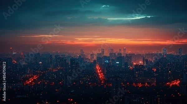 Fototapeta Cityscape at Twilight with an Orange Sky