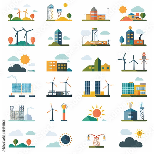 Fototapeta A set of flat icons representing various types of energy production and sustainable technology