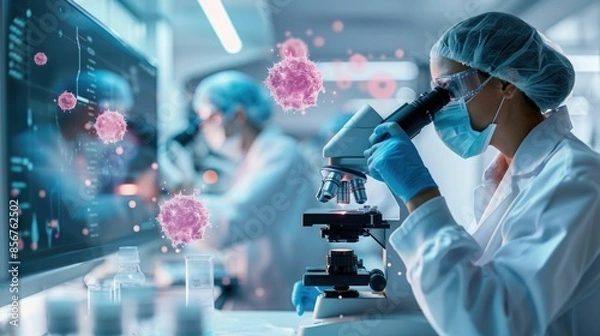 Fototapeta A team of researchers in an oncology lab closely examining cancer cells under a high powered microscope